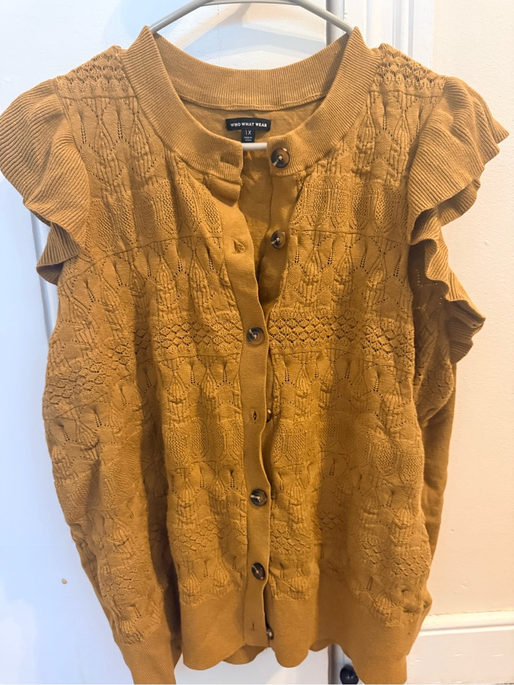 Who What Wear Women's Mustard Knit Ruffle Sleeve Top